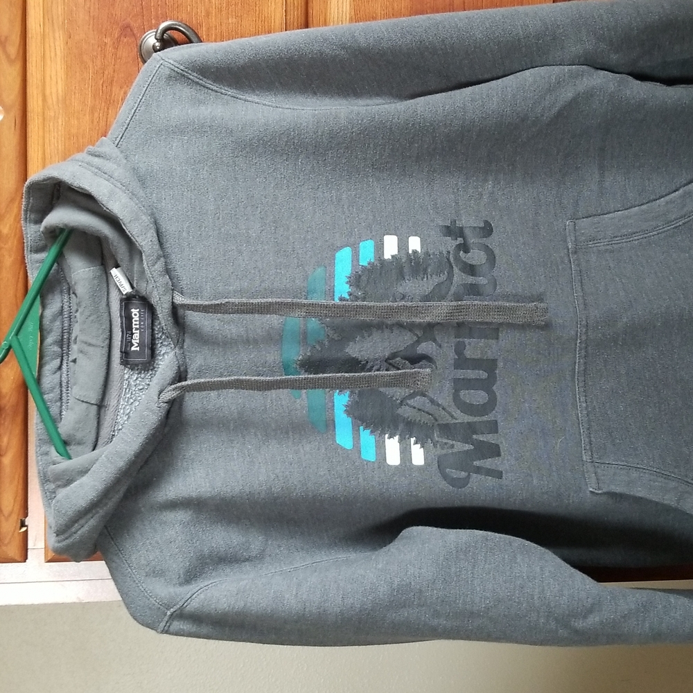 Marmot Gray Pullover Hoodie with Teal and White Graphic